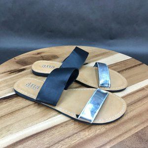 a.n.a Silver Black Metallic Slides Slip On Sandals Womens Size 6